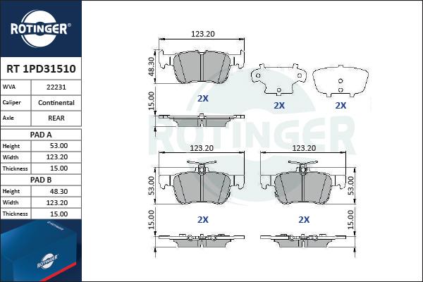 Rotinger RT 1PD31510 - Тормозные колодки, дисковые, комплект unicars.by