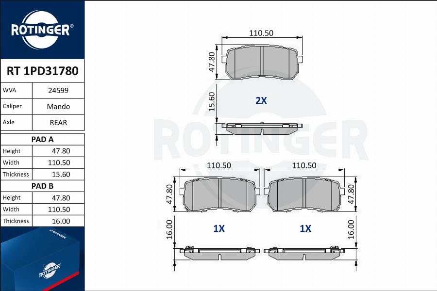 Rotinger RT 1PD31780 - Тормозные колодки, дисковые, комплект unicars.by