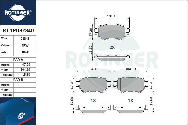 Rotinger RT 1PD32340 - Тормозные колодки, дисковые, комплект unicars.by