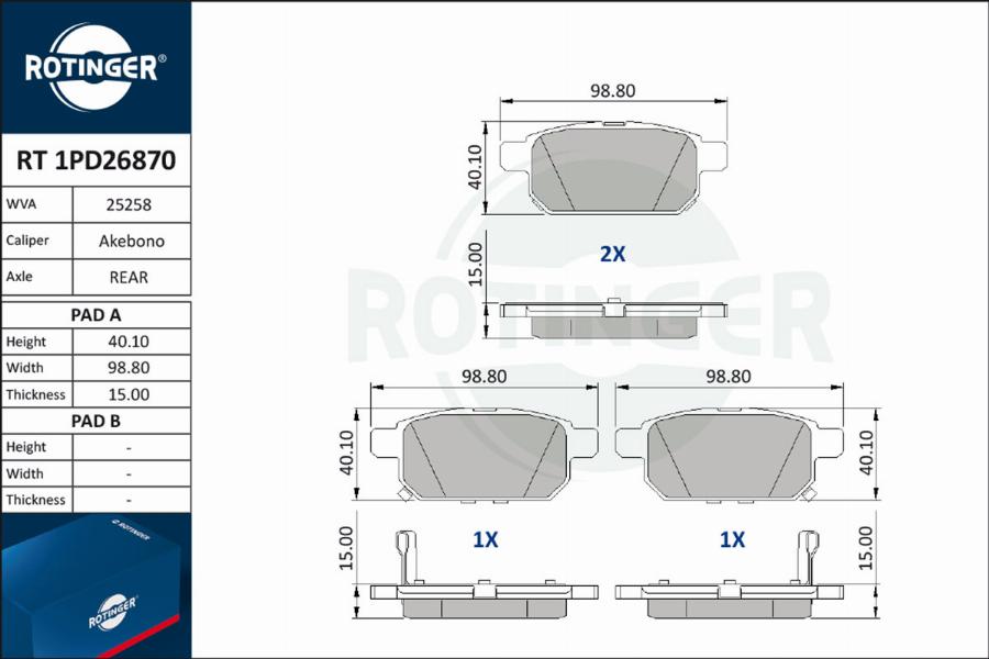 Rotinger RT 1PD26870 - Тормозные колодки, дисковые, комплект unicars.by