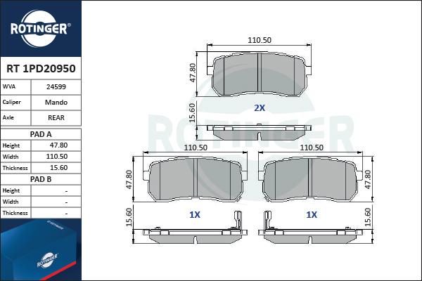 Rotinger RT 1PD20950 - Тормозные колодки, дисковые, комплект unicars.by