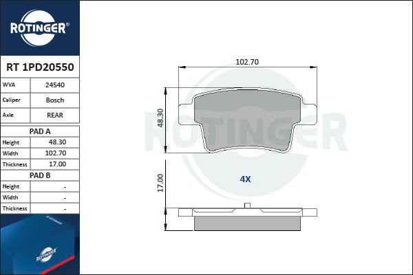 Rotinger RT 1PD20550 - Тормозные колодки, дисковые, комплект unicars.by