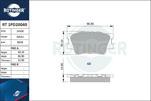 Rotinger RT 1PD20040 - Тормозные колодки, дисковые, комплект unicars.by