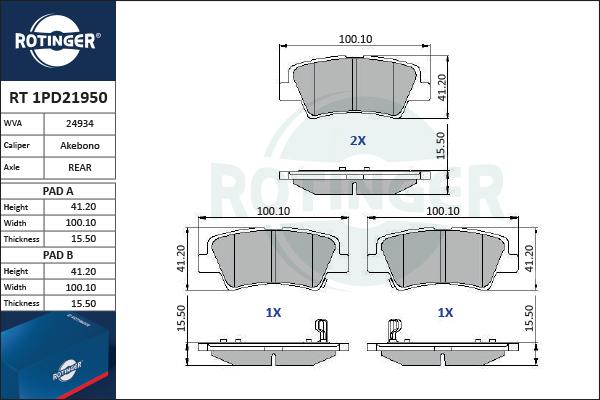 Rotinger RT 1PD21950 - Тормозные колодки, дисковые, комплект unicars.by