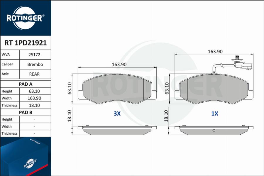 Rotinger RT 1PD21921 - Тормозные колодки, дисковые, комплект unicars.by