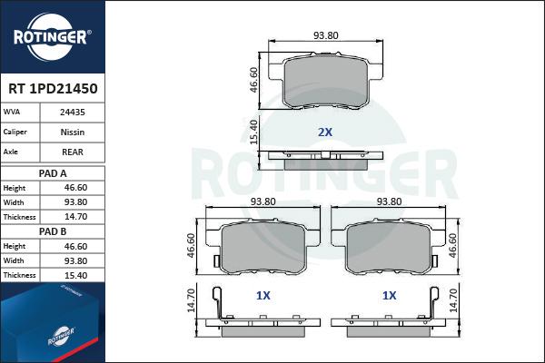 Rotinger RT 1PD21450 - Тормозные колодки, дисковые, комплект unicars.by