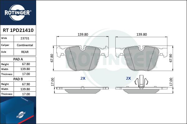 Rotinger RT 1PD21410 - Тормозные колодки, дисковые, комплект unicars.by