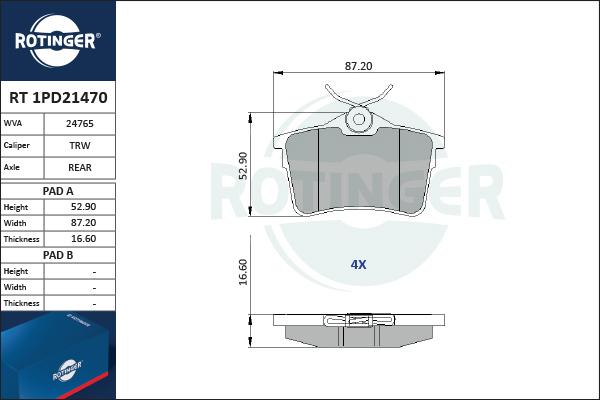 Rotinger RT 1PD21470 - Тормозные колодки, дисковые, комплект unicars.by