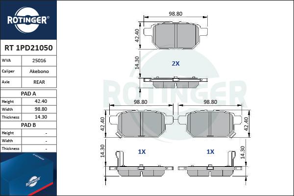 Rotinger RT 1PD21050 - Тормозные колодки, дисковые, комплект unicars.by