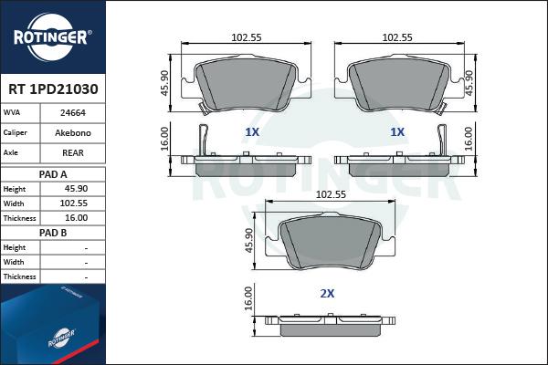 Rotinger RT 1PD21030 - Тормозные колодки, дисковые, комплект unicars.by