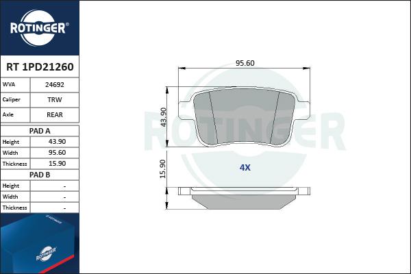 Rotinger RT 1PD21260 - Тормозные колодки, дисковые, комплект unicars.by