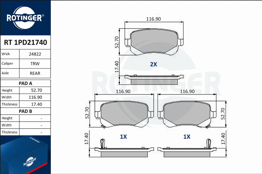 Rotinger RT 1PD21740 - Тормозные колодки, дисковые, комплект unicars.by