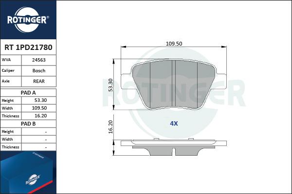 Rotinger RT 1PD21780 - Тормозные колодки, дисковые, комплект unicars.by