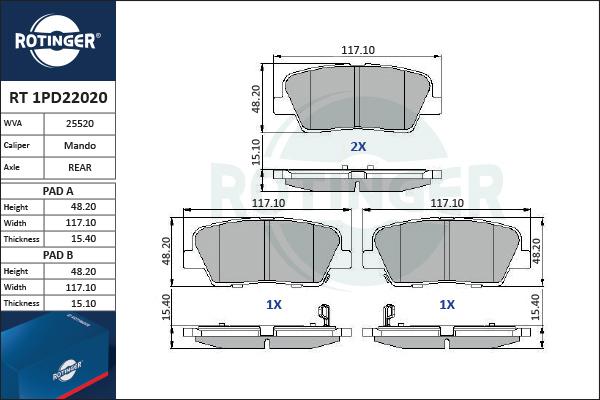 Rotinger RT 1PD22020 - Тормозные колодки, дисковые, комплект unicars.by