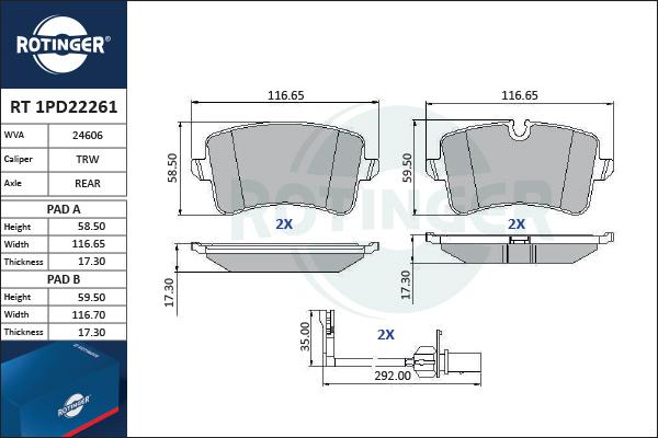 Rotinger RT 1PD22261 - Тормозные колодки, дисковые, комплект unicars.by