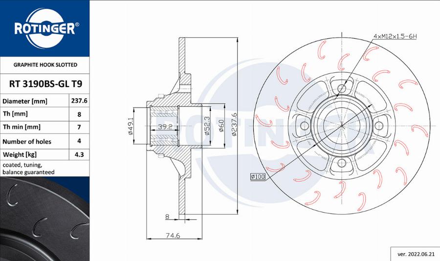 Rotinger RT 3190BS-GL T9 - Тормозной диск unicars.by