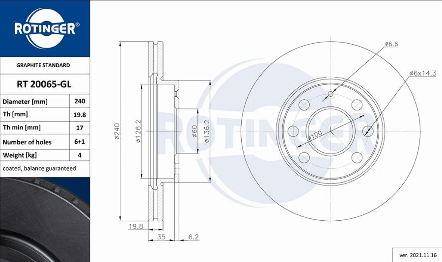 Rotinger RT 20065-GL - Тормозной диск unicars.by