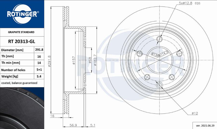 Rotinger RT 20313-GL - Тормозной диск unicars.by