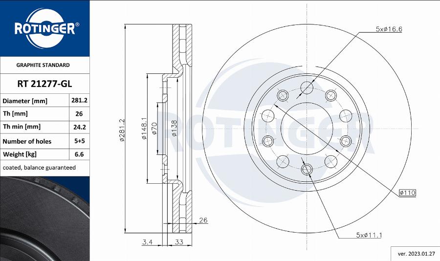 Rotinger RT 21277-GL - Тормозной диск unicars.by