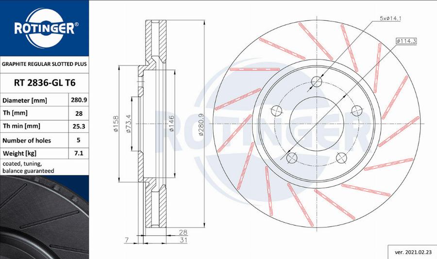 Rotinger RT 2836-GL T6 - Тормозной диск unicars.by