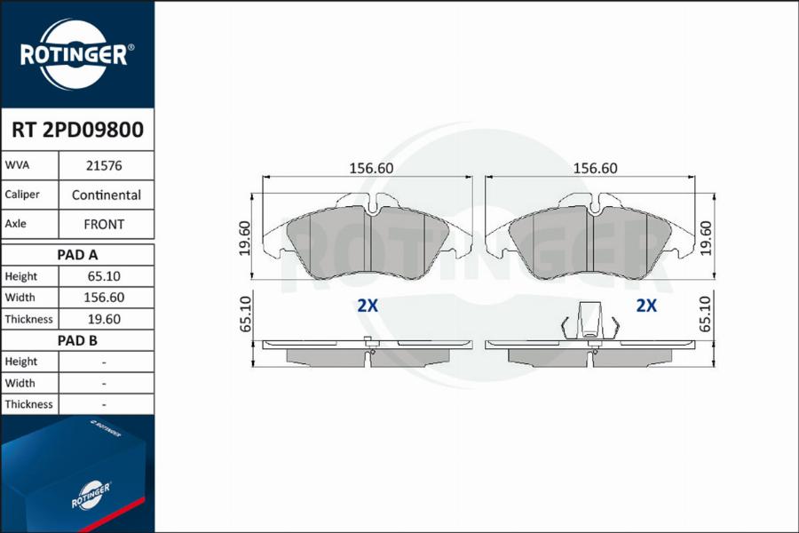 Rotinger RT 2PD09800 - Тормозные колодки, дисковые, комплект unicars.by