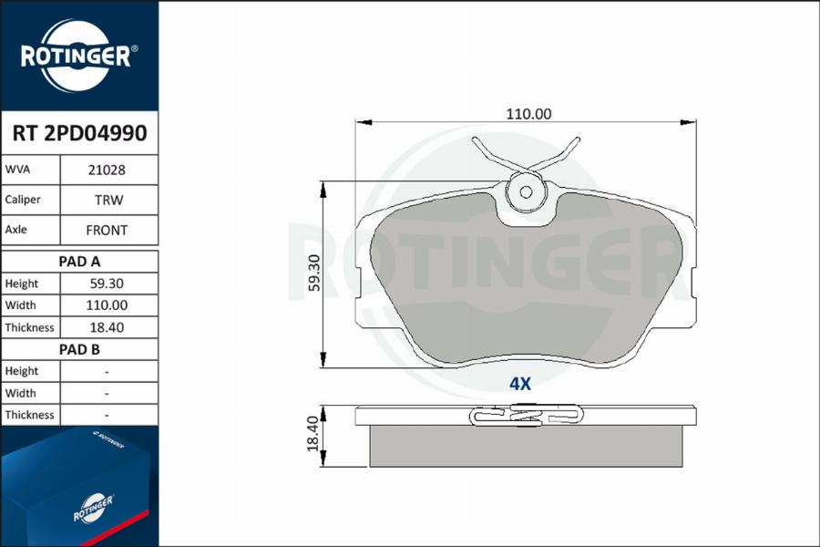 Rotinger RT 2PD04990 - Тормозные колодки, дисковые, комплект unicars.by