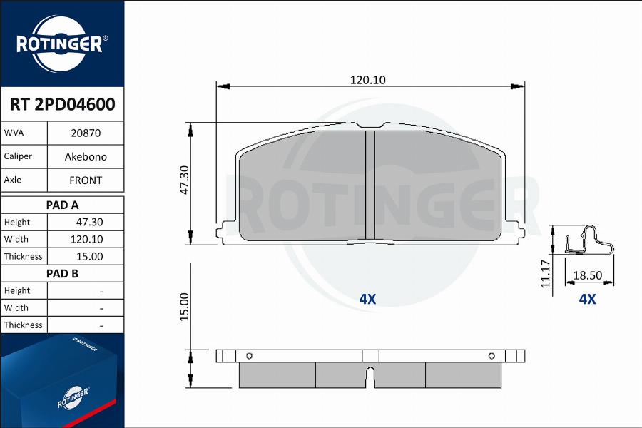 Rotinger RT 2PD04600 - Тормозные колодки, дисковые, комплект unicars.by