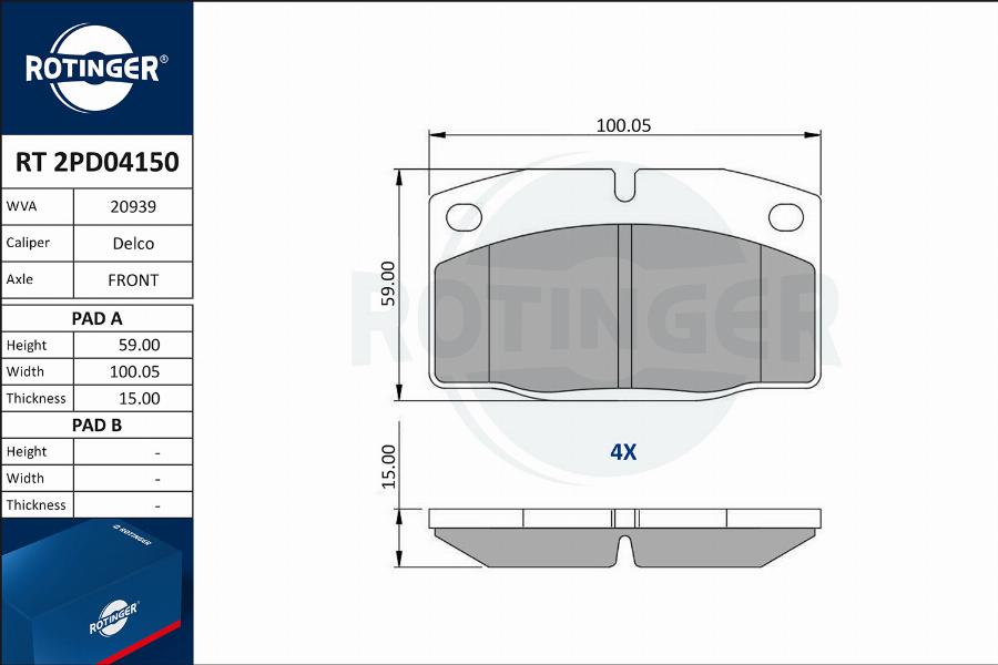 Rotinger RT 2PD04150 - Тормозные колодки, дисковые, комплект unicars.by