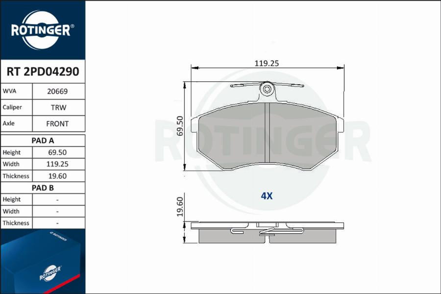 Rotinger RT 2PD04290 - Тормозные колодки, дисковые, комплект unicars.by