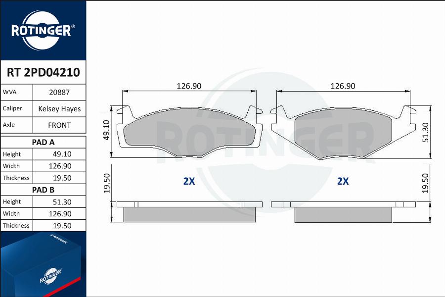 Rotinger RT 2PD04210 - Тормозные колодки, дисковые, комплект unicars.by