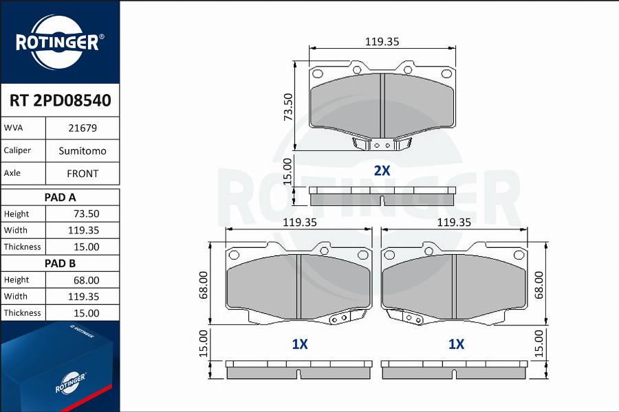 Rotinger RT 2PD08540 - Тормозные колодки, дисковые, комплект unicars.by