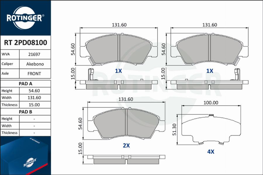 Rotinger RT 2PD08100 - Тормозные колодки, дисковые, комплект unicars.by