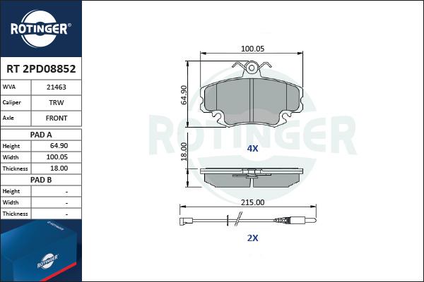 Rotinger RT 2PD08852 - Тормозные колодки, дисковые, комплект unicars.by