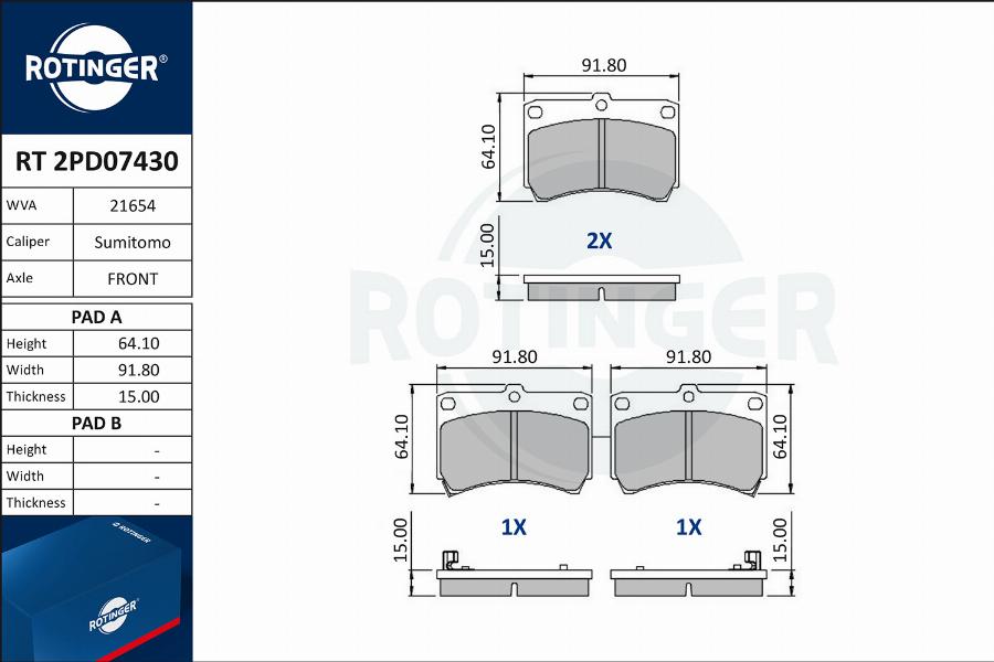 Rotinger RT 2PD07430 - Тормозные колодки, дисковые, комплект unicars.by