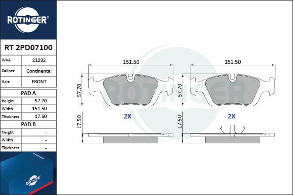 Rotinger RT 2PD07100 - Тормозные колодки, дисковые, комплект unicars.by