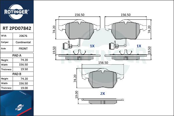 Rotinger RT 2PD07842 - Тормозные колодки, дисковые, комплект unicars.by