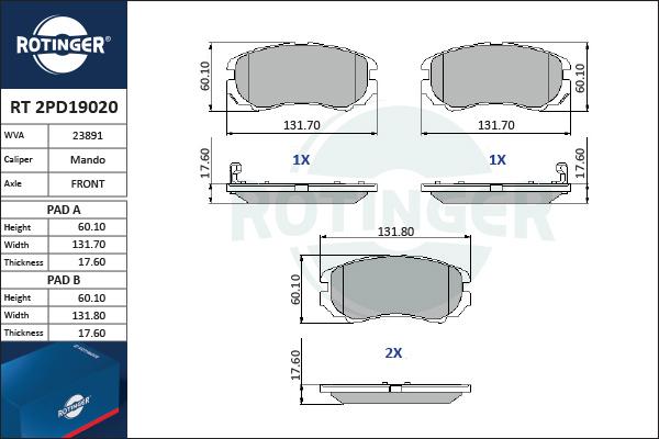 Rotinger RT 2PD19020 - Тормозные колодки, дисковые, комплект unicars.by