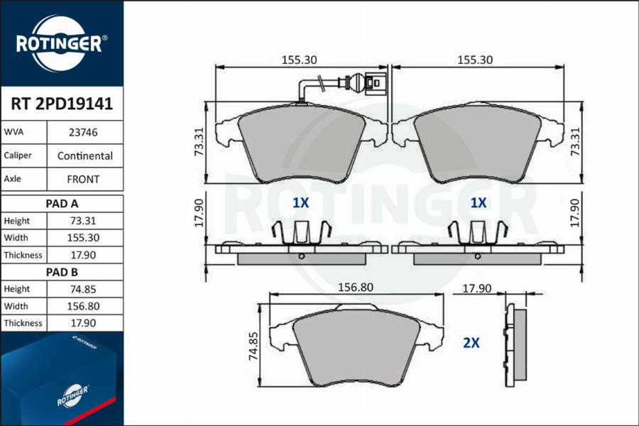 Rotinger RT 2PD19141 - Тормозные колодки, дисковые, комплект unicars.by