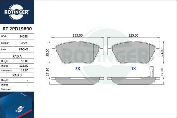 Rotinger RT 2PD19890 - Тормозные колодки, дисковые, комплект unicars.by