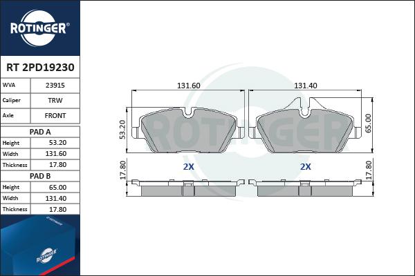 Rotinger RT 2PD19230 - Тормозные колодки, дисковые, комплект unicars.by