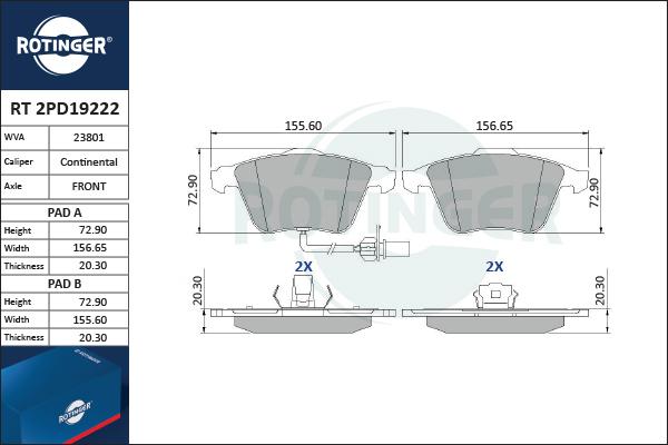 Rotinger RT 2PD19222 - Тормозные колодки, дисковые, комплект unicars.by