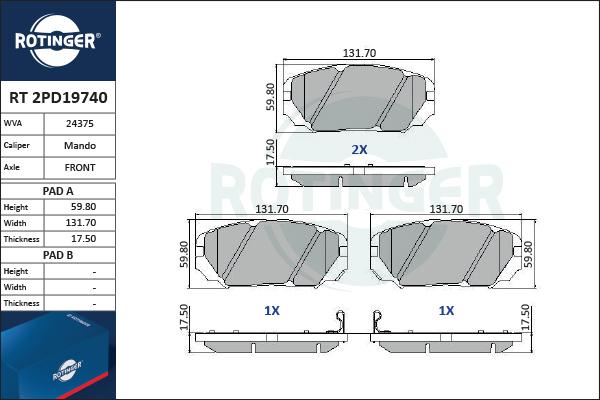 Rotinger RT 2PD19740 - Тормозные колодки, дисковые, комплект unicars.by