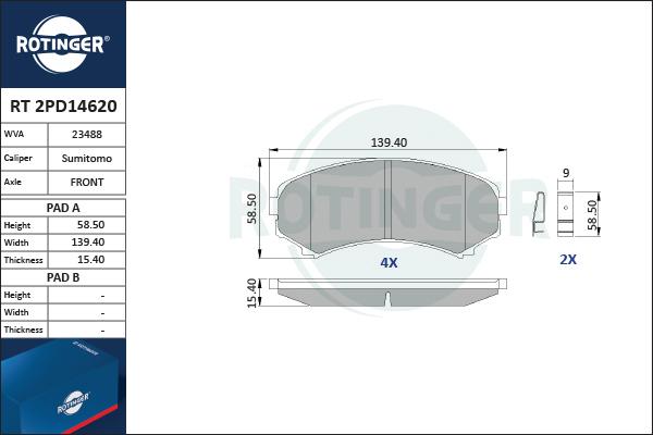 Rotinger RT 2PD14620 - Тормозные колодки, дисковые, комплект unicars.by