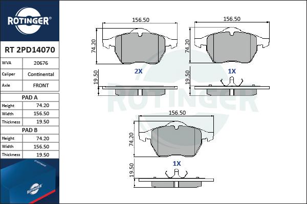 Rotinger RT 2PD14070 - Тормозные колодки, дисковые, комплект unicars.by