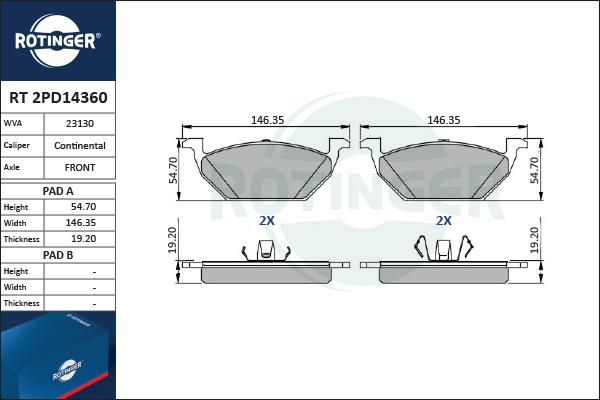 Rotinger RT 2PD14360 - Тормозные колодки, дисковые, комплект unicars.by