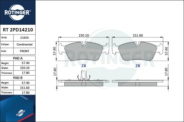 Rotinger RT 2PD14210 - Тормозные колодки, дисковые, комплект unicars.by