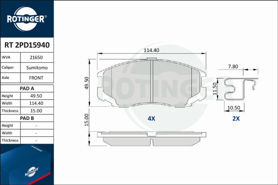 Rotinger RT 2PD15940 - Тормозные колодки, дисковые, комплект unicars.by