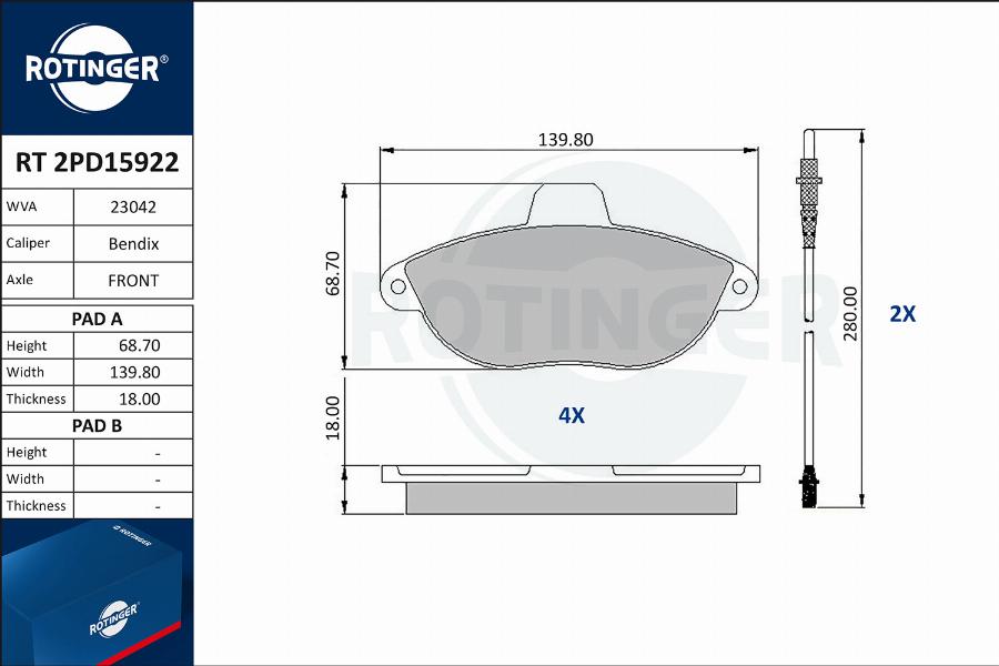 Rotinger RT 2PD15922 - Тормозные колодки, дисковые, комплект unicars.by