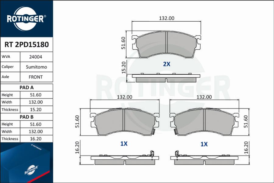 Rotinger RT 2PD15180 - Тормозные колодки, дисковые, комплект unicars.by