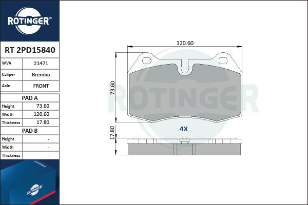 Rotinger RT 2PD15840 - Тормозные колодки, дисковые, комплект unicars.by